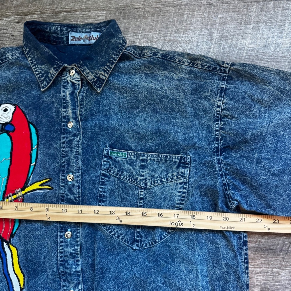 Zolo Club Parrot Graphic Denim Shirt Large Relaxed Acid Wash Blue Short Sleeve - Picture 4 of 6